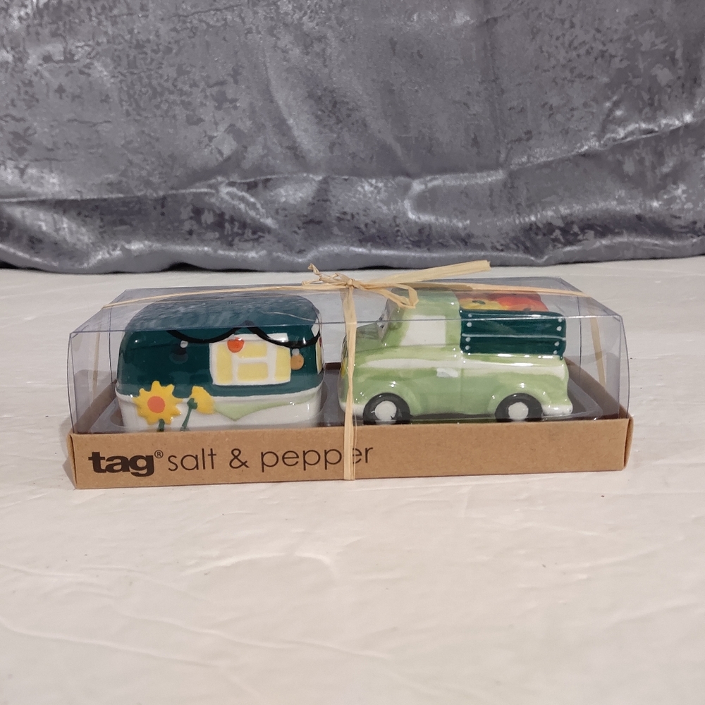 Tag Green Ceramic Truck and Camper Salt and Pepper Set NEW Lot of 2